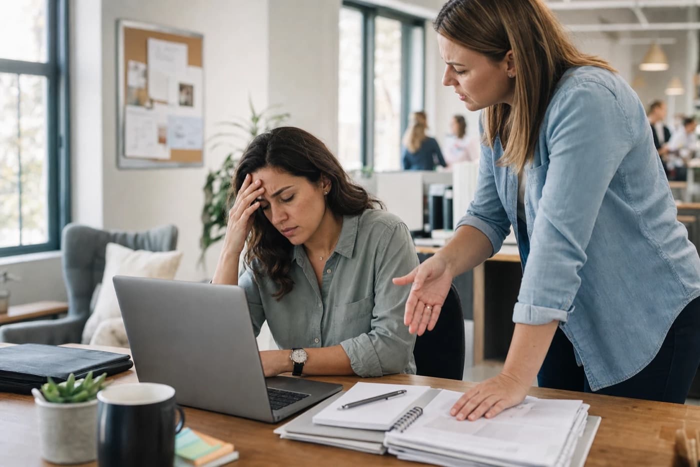 A stressed staff member at a laptop while a colleague gestures in frustration