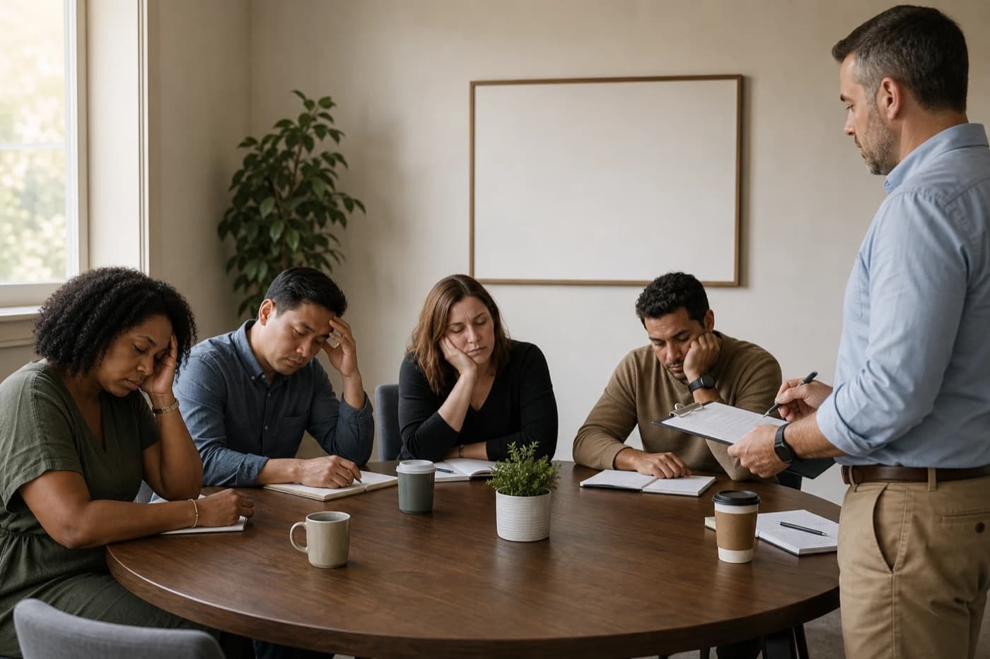 A weary leadership team around a table while a leader reads from a clipboard