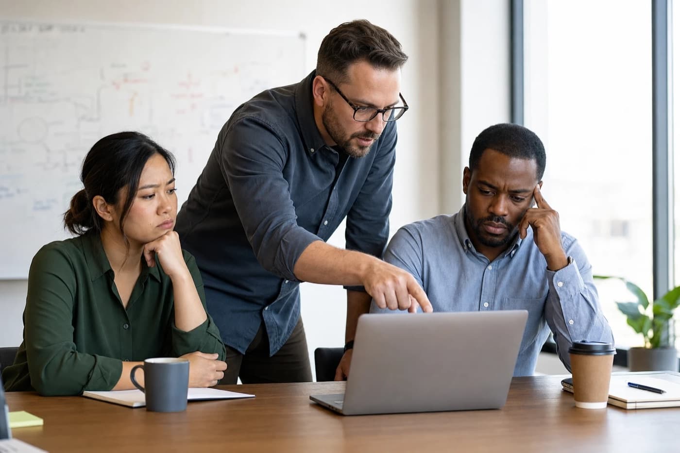 Three team members studying a laptop with serious expressions